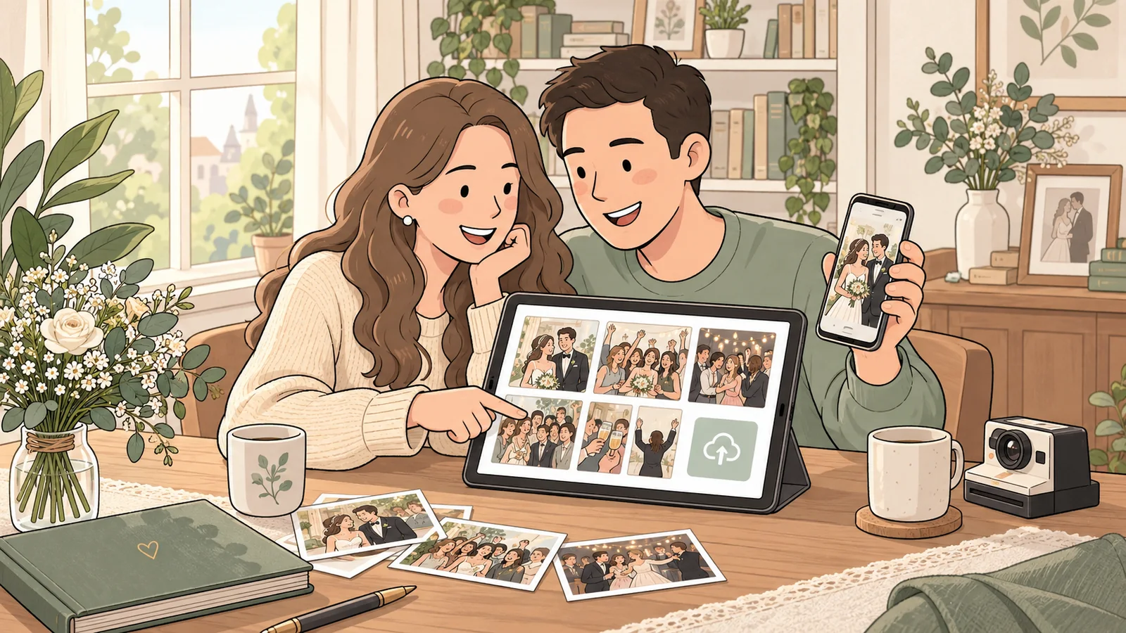 Ilustración de una pareja reuniendo fotos de su boda en un álbum digital desde una tableta y un teléfono.