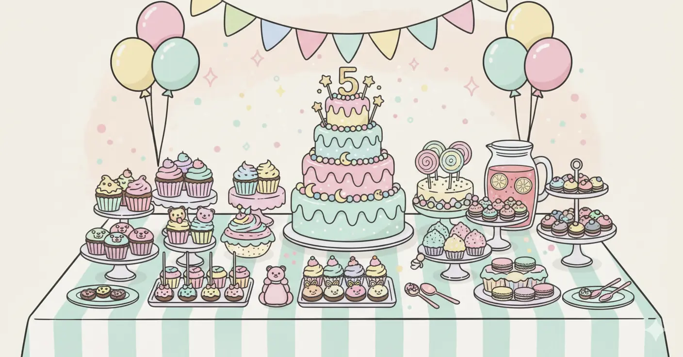 Ilustración de planificación de evento con tablet y elementos de catering.