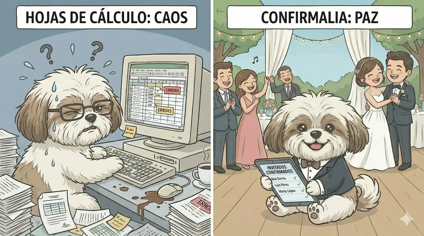 Una imagen dividida: a la izquierda, una hoja de cálculo caótica y desordenada con un perrito triste; a la derecha, el dashboard limpio y organizado de Confirmalia con un perrito feliz.